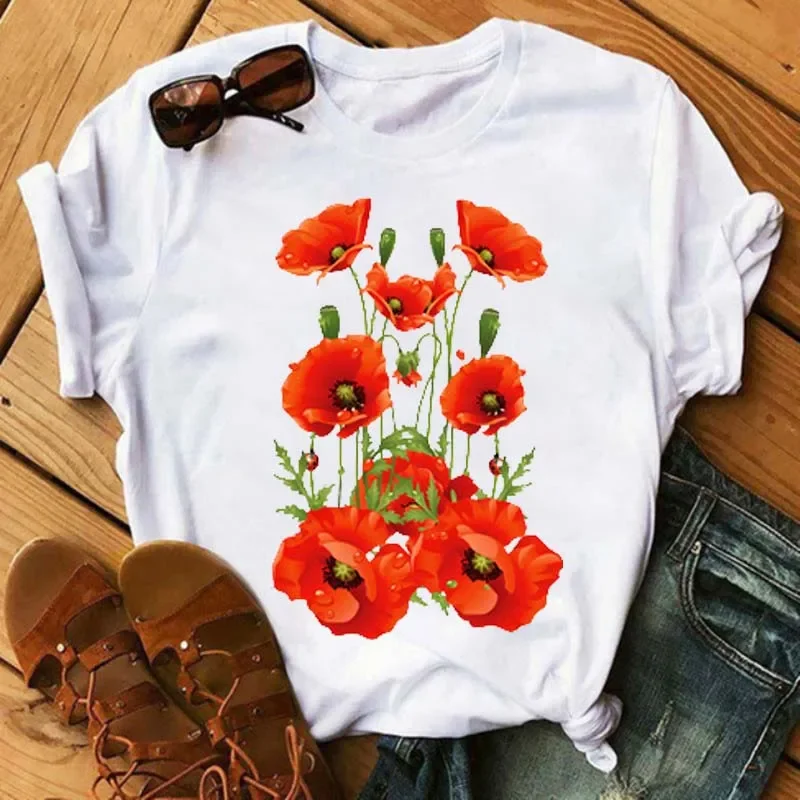 Maycaur Red Poppy Fashion Women T-Shirt Anni '90 Ulzzang Floral Flower Print Estetica Top Femminili Per Le Donne T-Shirt Casual Femminile