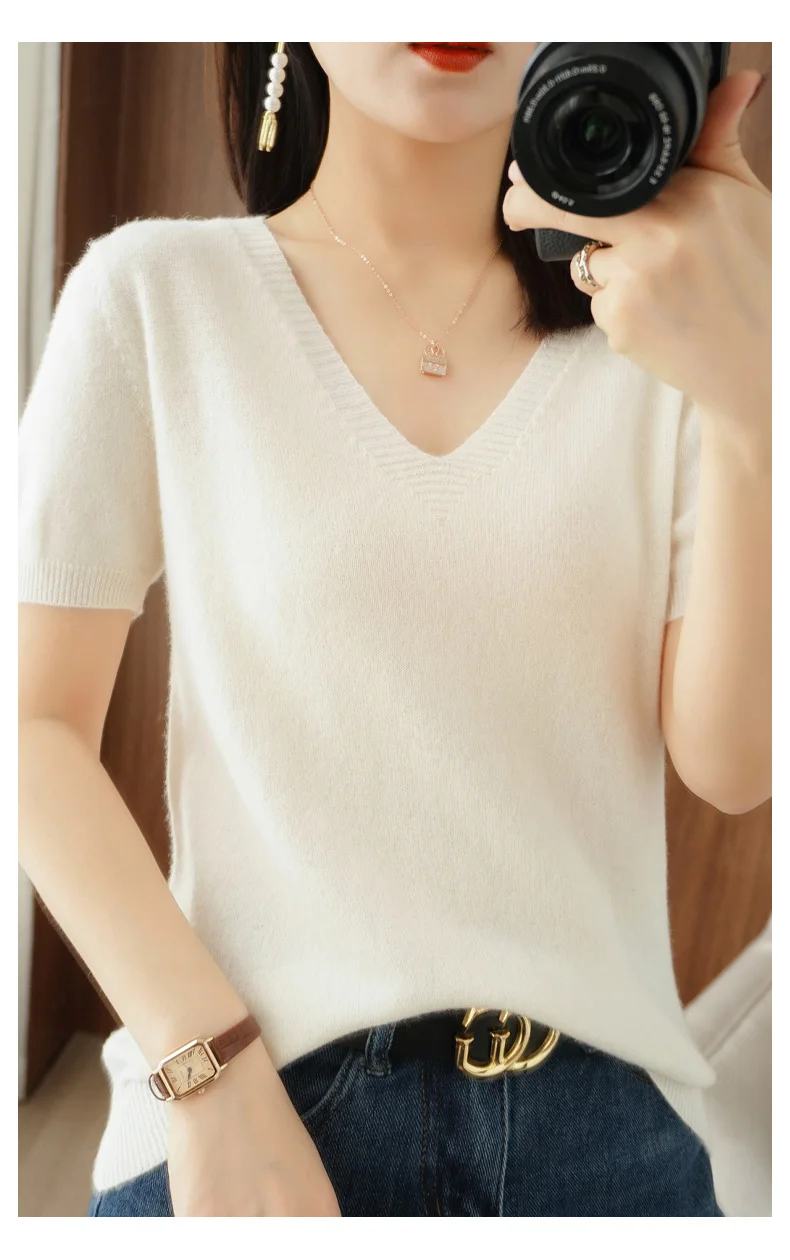 New Spring Summer Cashmere  Sweater Short sleeve V-Neck Pullover Casual Knitted Short sleeve Sweater cropped sweater