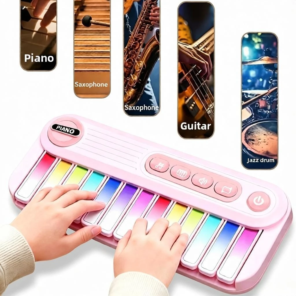 Pianoforte Elettronico Arcobaleno a 13 Tasti per Bambini, Tastiera con Luci LED, Giocattolo Musicale Multifunzionale Educativo, Regalo di Compleanno