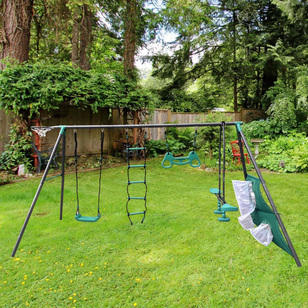 Blackish green interesting four function swingset with face to face metal plastic safe swing seat 550lbs for outdoor for age 3+ 4