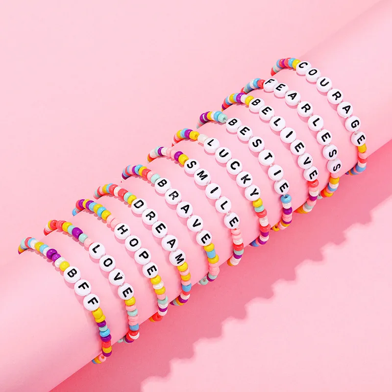 Fashion Boho Beaded Bracelet for Women Girl Inspiration Letter Handmade Strech Elastic Asjustable Charm Bracelet Jewelry Gift