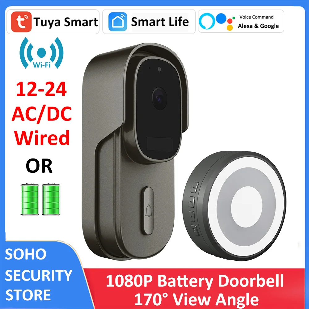 Tuya Smart Battery Video Doorbell Camera 1080P 170° 12-24V AC/DC Wired Door Bell Camera Two-Way Audio Works With Alexa Google