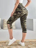 Plus Size Women's Camo Capri Leggings with Side Stripe Cutouts Stylish High Elasticity Knit Sporty  Fashionable Casual Pants - Image 2