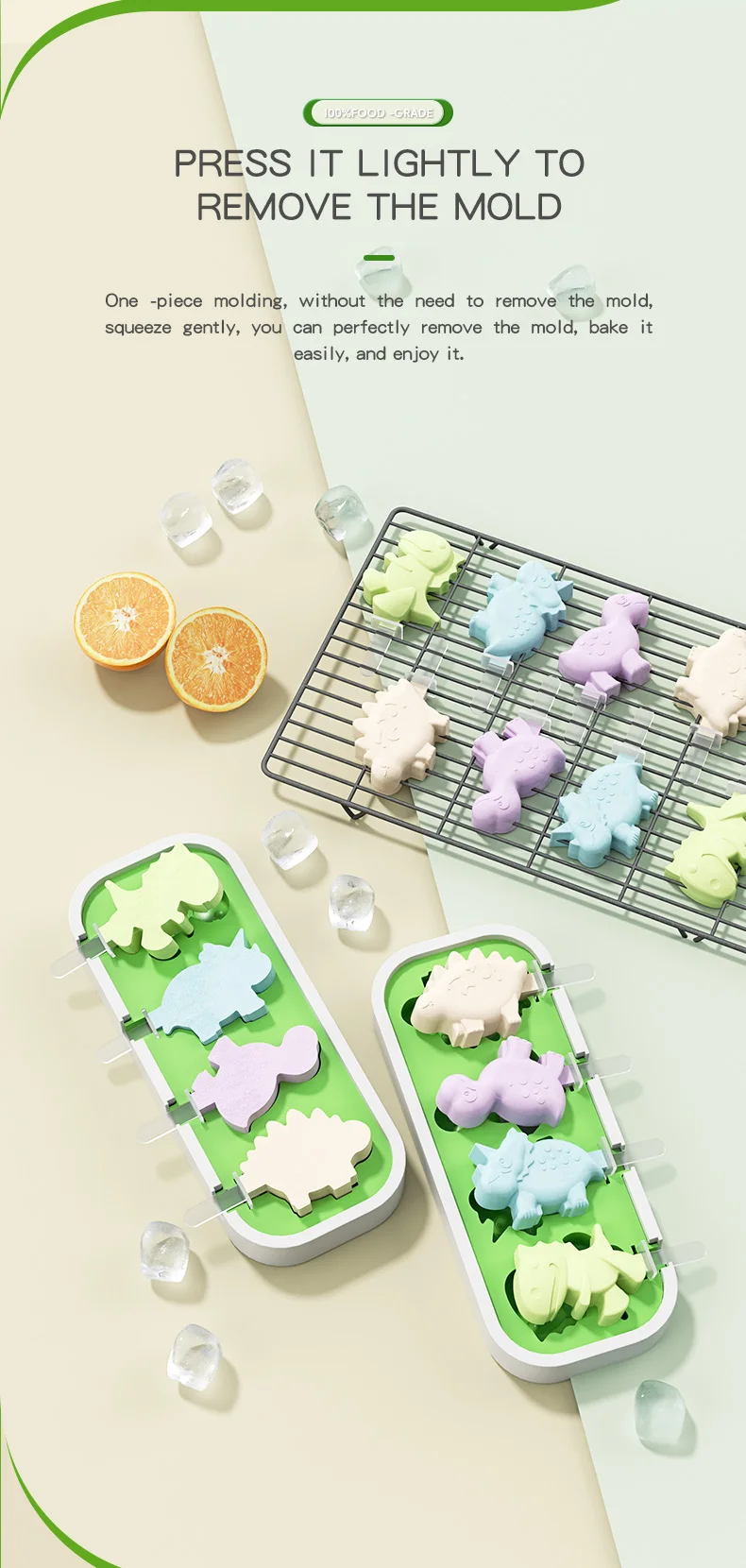 Silicone Ice Cream Mold with Lid and Sticks Dinosaur Shape