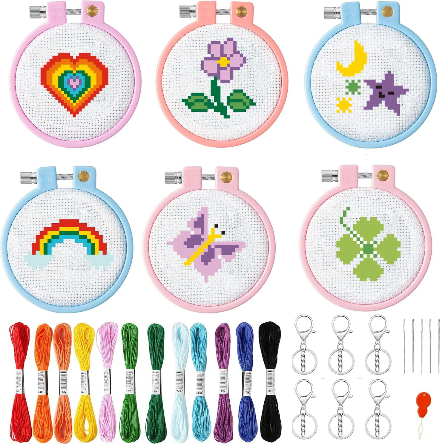 6Pcs Embroidery Kit for Kids Stamped Cross Stitch DIY Key Chain with Patterns Starter Kits Supplies Beginners Adults Schoolbag