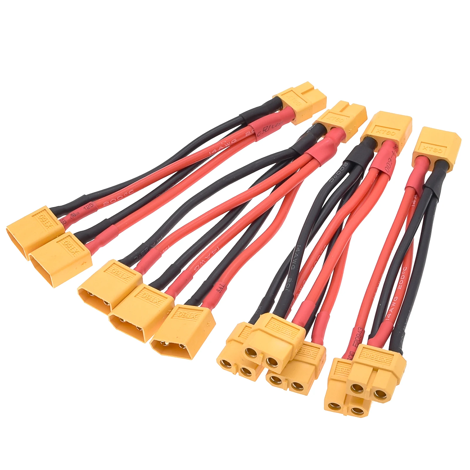Vue d'ensemble du câble de décharge XT60 12AWG 10cm avec ses deux connecteurs pour batterie RC.
