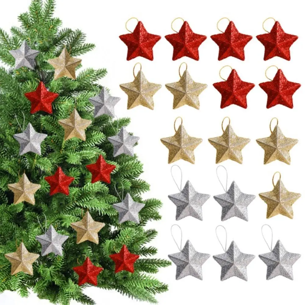 

6PCS Pentagram Christmas Hanging Pendant Silver Gold Glitter Star Xmas Tree Ornament Festive Wedding Party Home Decoration