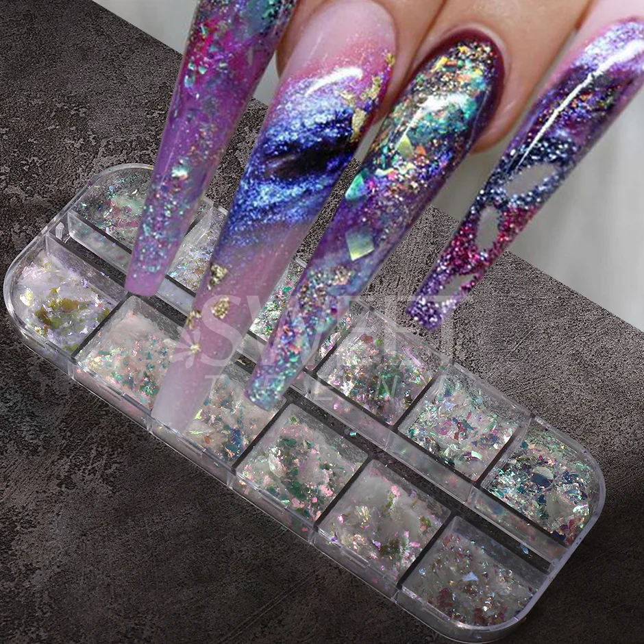 12 Grids Holographic Opal Fire Flakes Nail Art Glitter Powder Set