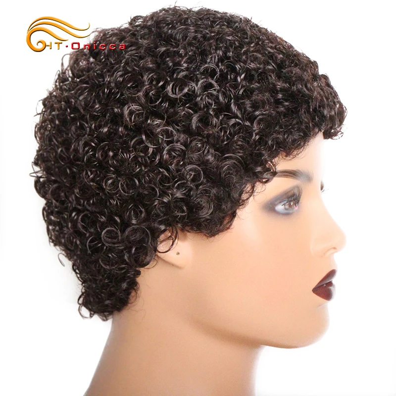 Kurze, krause, lockige Echthaarperücken, Pixie-Cut, brasilianisches Echthaar für Frauen, natürliches schwarzes, lockiges Echthaar, vollständig maschinell gefertigt – Detail 4