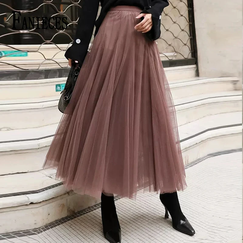 

FANIECES Solid Puff A-line Women Tulle Long Skirt Elastic High Waist Party Gauze Skirt Bridesmaids Tutu Maxi Skirt Party Faldas