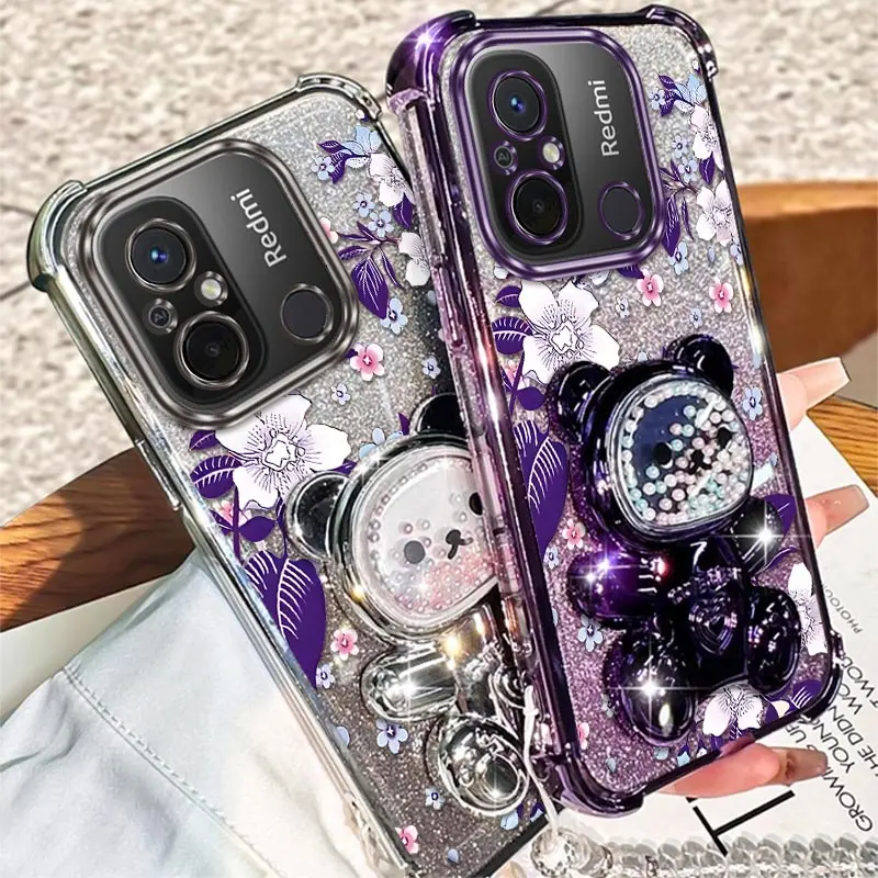 Elegant Purple Floral Plating Phone Case with Stand and Lanyard Attachment