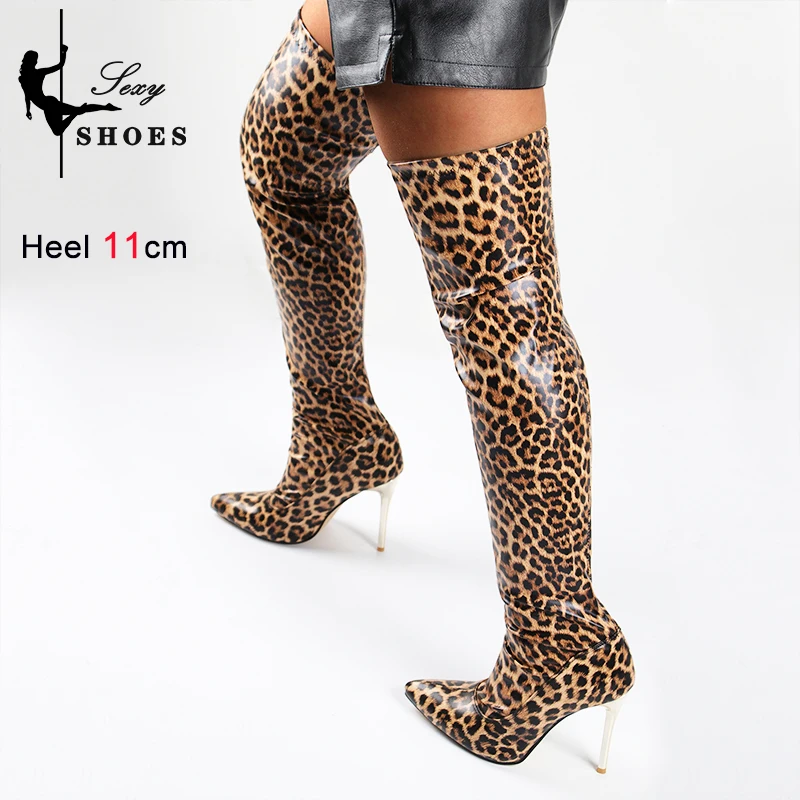 Leopard Print Long Elastic Women Boots Nightclub Over-the-Knee Stripper Heels Boots Winter Plus Plush Pointed Toe Ladies Shoes