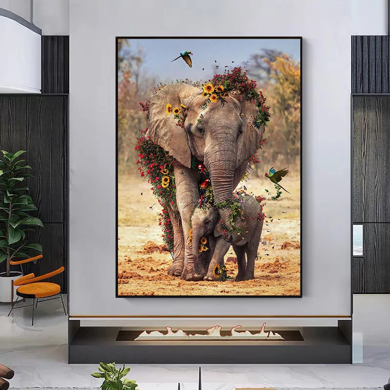 Постеры на холсте с изображением слона мамы и ребенка в цветах птиц бабочек