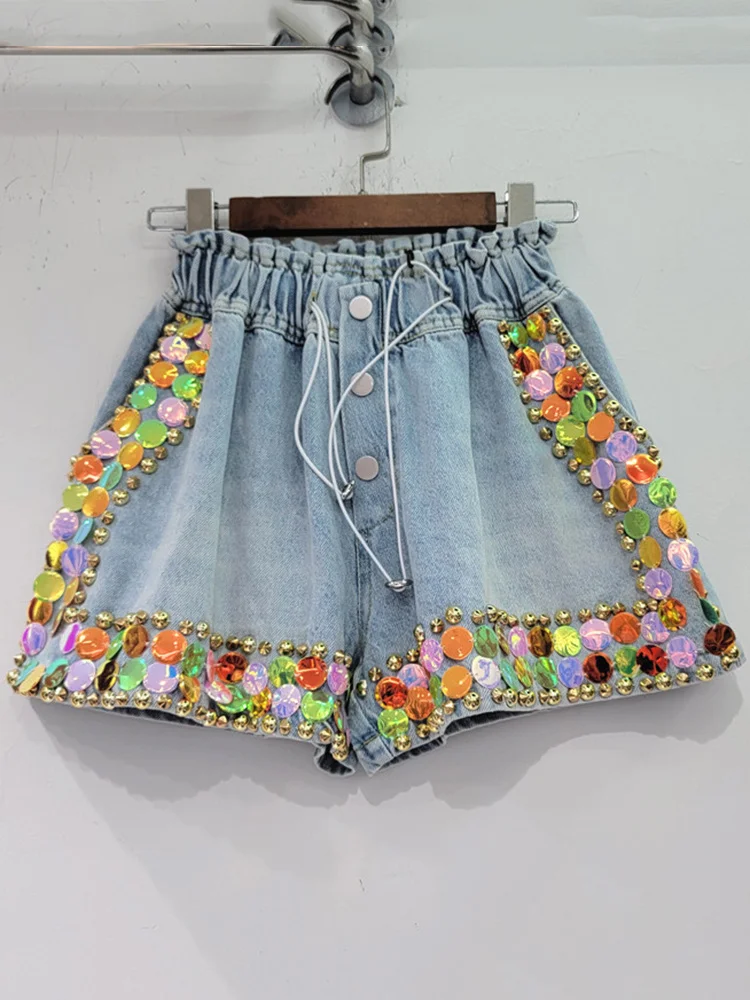 

Women Fashion Beaded Denim Shorts Colorful Diamond High Waist Drawstring Wide Leg Hot Short Jeans 2023 Summer New Tide Y342