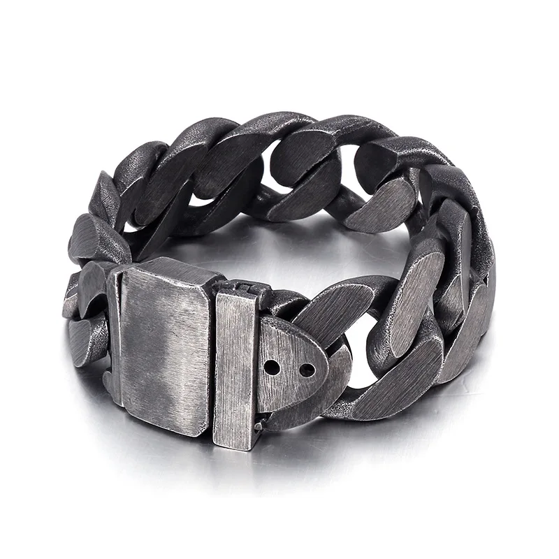 

Punk Retro Big Heavy Solid Stainless Steel Round Cuban Maimi Link Chain Bracelet For Men Rock Jewelry Black Gold Silver Color