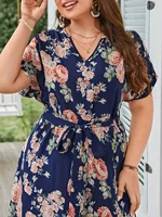 Plus Size Summer Women Elegant Dress Vacation Vintage Floral Print Casual V Neck Lace Up Dresses - Image 3