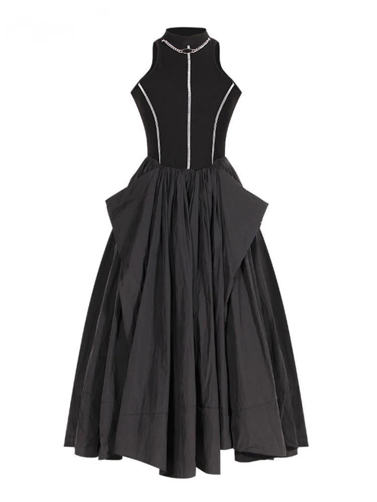 

Fashion Women's Dress Round Neck Metal Chian Open Line Waist Spliced A-line Mid-calf Tank Dresses Summer 2023 New O296