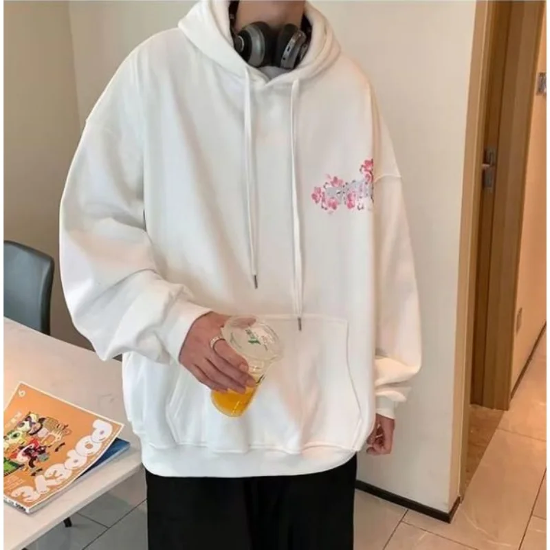 M-8XL Men's Hoodie Korean pink butterfly Peach blossom letter Pattern Coat  Plus Size Men Clothing Thicken Couple Wear Tops