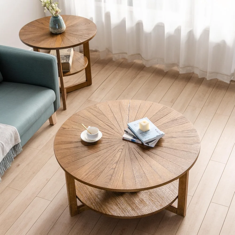 Wood Round Coffee Table for Living Room, 2 Tier Circle Coffee Table with Storage, Rustic Natural Coffee Table for Apartment, Eas 2