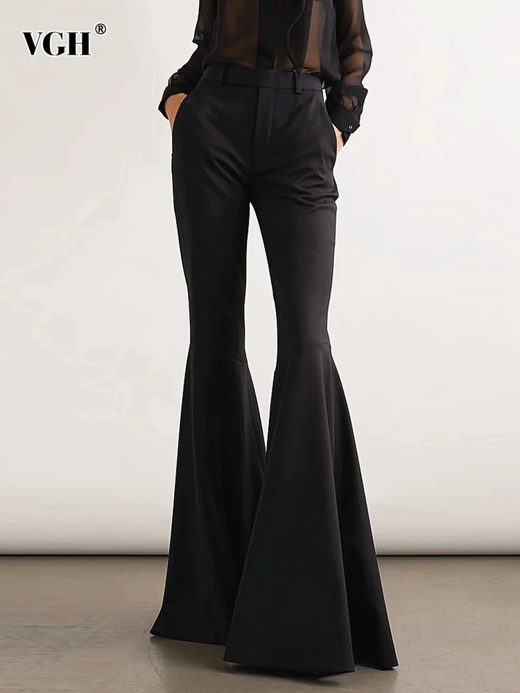 

VGH Solid Minimalist Slimming Flare Pant For Women High Waist Patchwork Pocket Casual Floor Length Trousers Female Fashion New