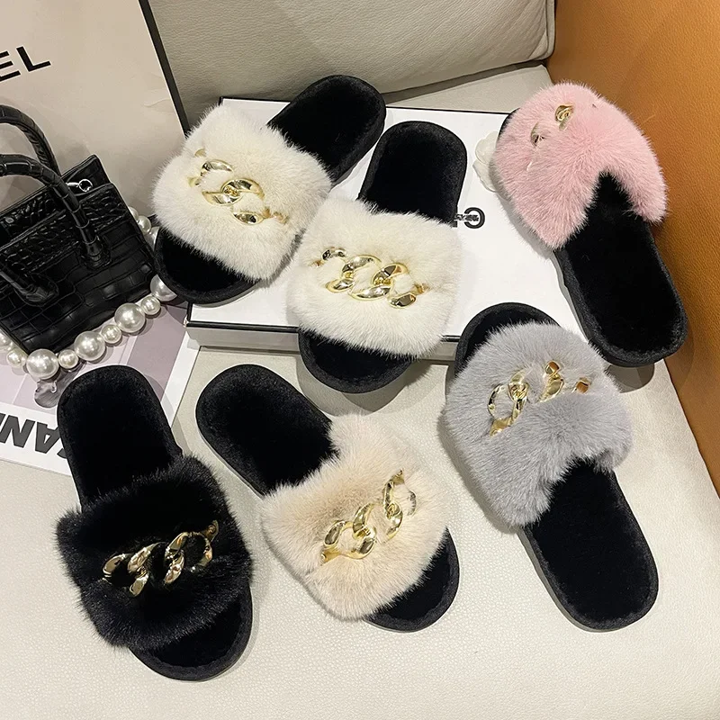 New autumn and winter metal chain hairy slippers fashionable and warm large fur flat heel cotton slippers — view 4