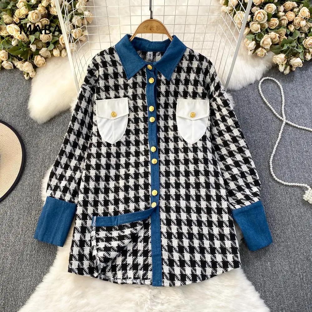 

Autumn Winter Women Korean Bird Lattice Jacket Coats Polo Neck Pocket Single Breasted Warm Loose Small Fragrance Tweed Outerwear