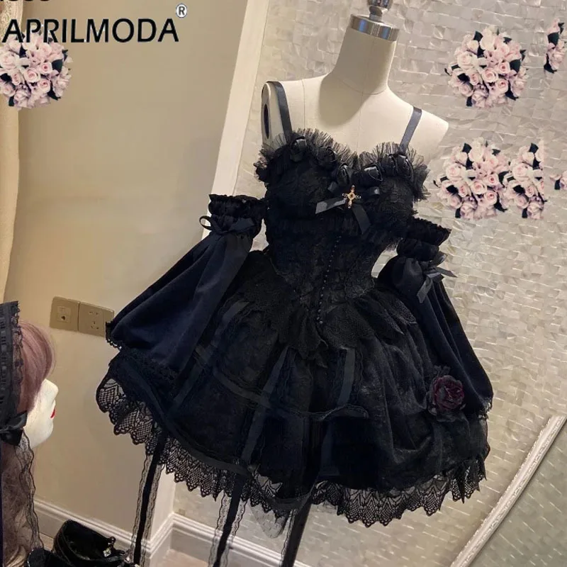 Japanese Style Kawaii Lace Lolita Dress Victorian Gothic Vintage Girl Sweet Princess Holiday Party Robe Women Black Sling Dress