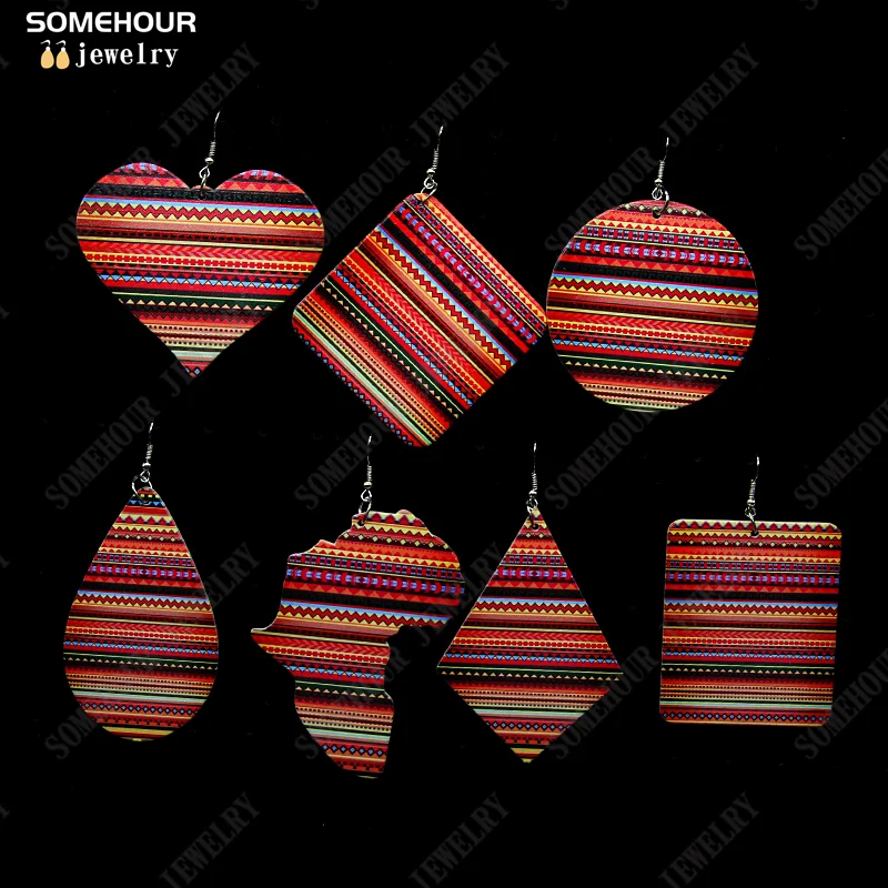 SOMEHOUR Fashion Boho Geometric Wooden Drop Earrings African Ethnic Fabric Print Ankara Plaid Ear Dangle Jewelry For Women Gifts 4