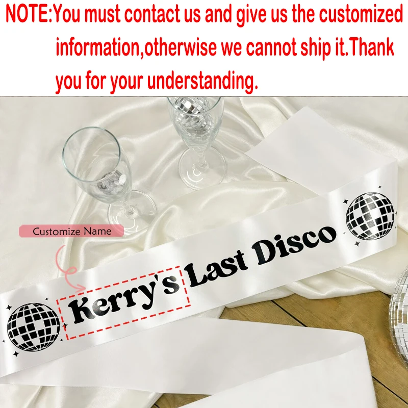 1 Stück personalisierter Name LAST DISCO Junggesellenabschied weiße Schärpe benutzerdefinierte Retro Disco Braut Zubehör Hochzeit Dekoration Lieferungen – Detail 2