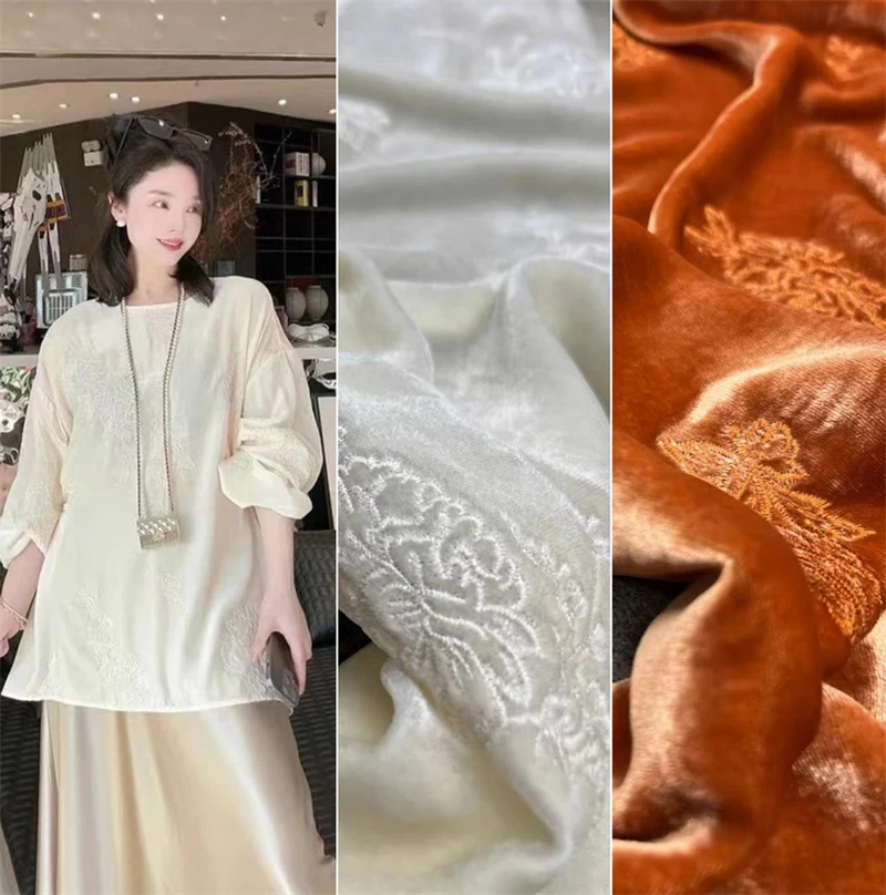 

Autumn New Product Heavy Industry Embroidered Velvet Fabric Temperament Suit Set Dress Hanfu Natural Silk Fabric Satin Material
