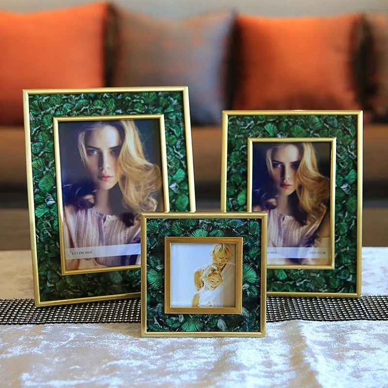 

Creative Glass Photo Frame Desktop Photo Frame Setting Green Agate Pattern Golden Border Photo Storage Display Home Decoration