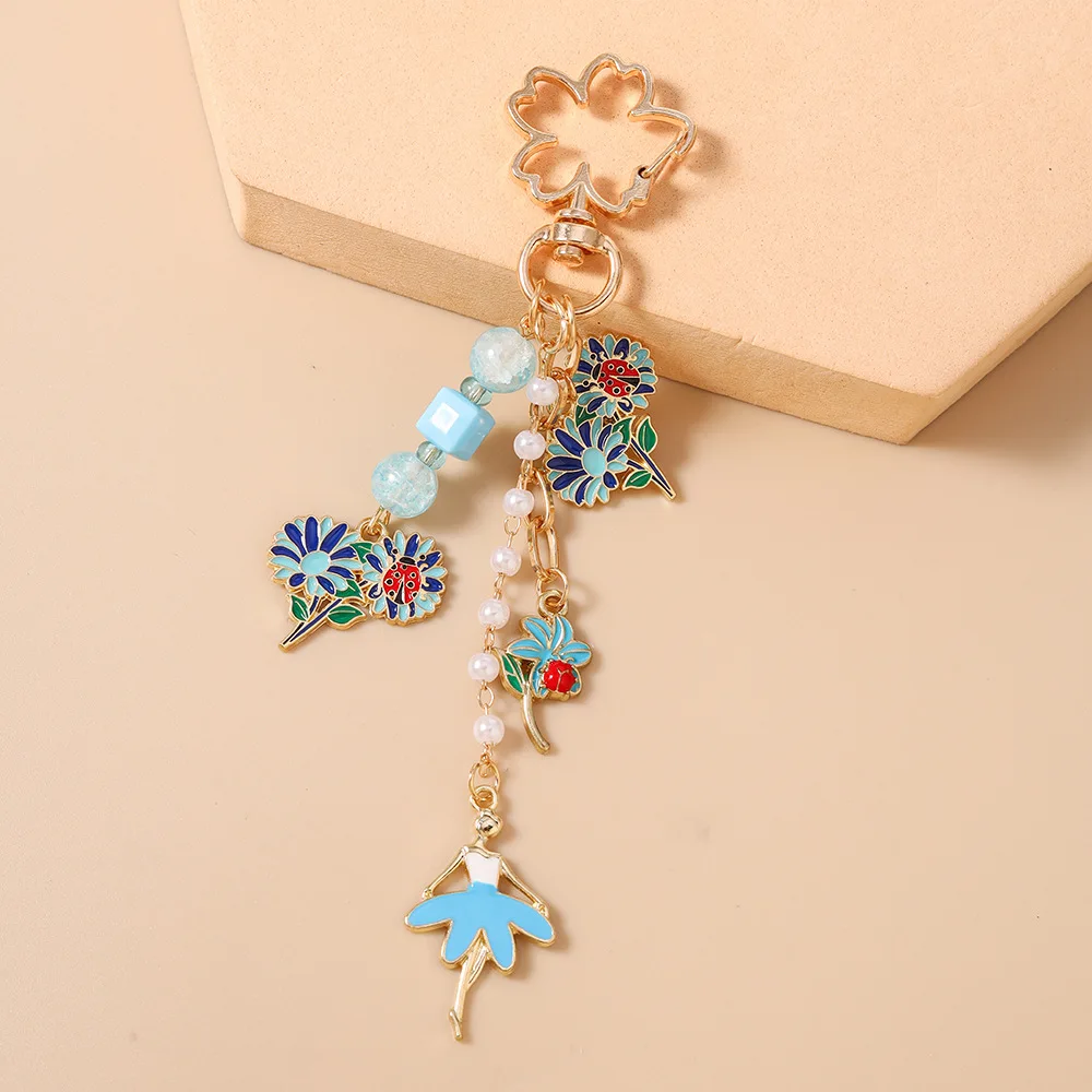 가든 발레 키체인 가벼운 꽃 나비 열쇠고리 무당벌레 에나멜 키체인 비즈 가방 참 장식 백팩용