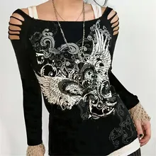 

Women's T-Shirt Gothic Retro Darkness Fashion Shoulder Hollow Print Retro Personality Top Y2k National Style Sexy Tops