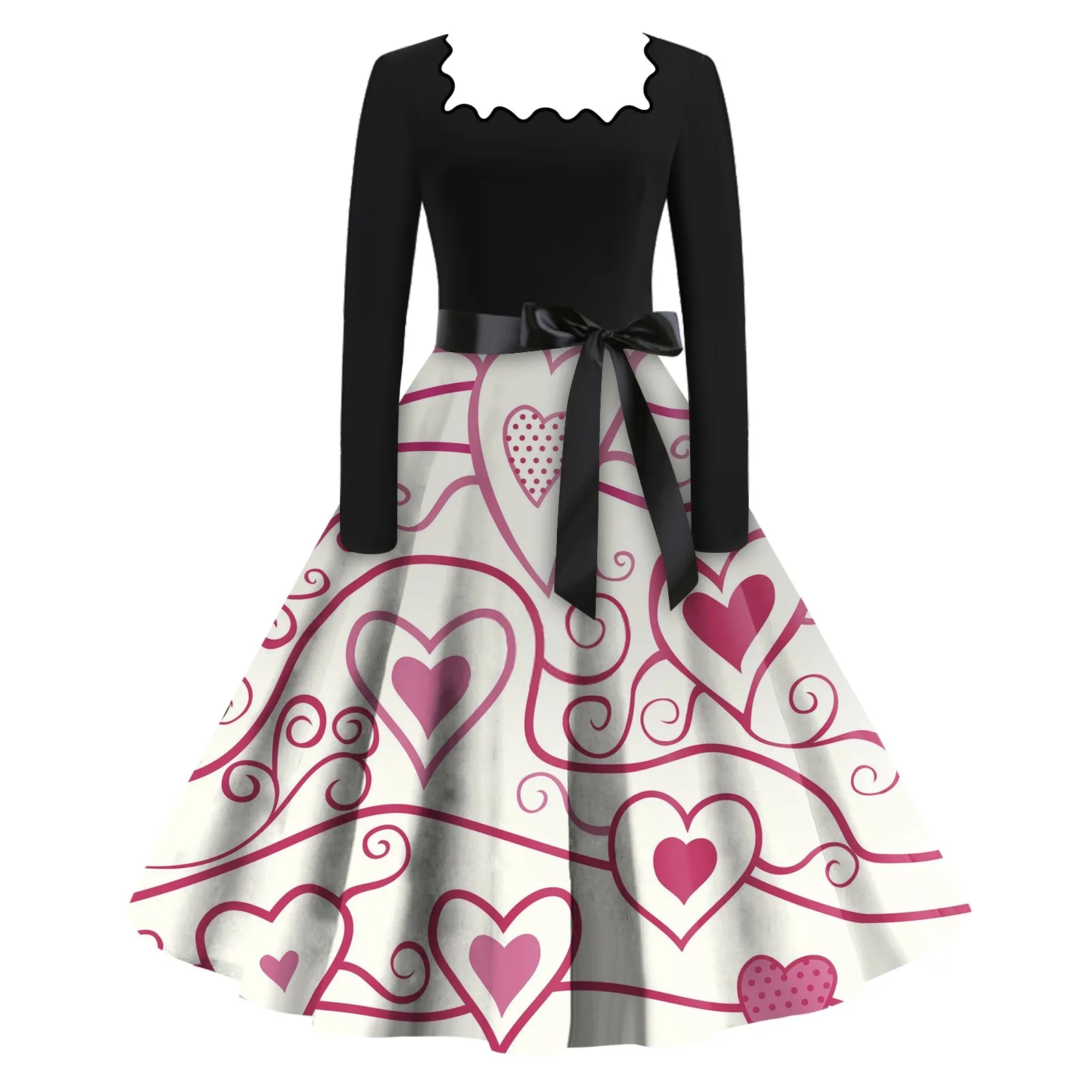 

Elegant Dresses For Women Women'S Casual Fashion Square Neck Long Sleeve Valentine'S Day Printed Vintage Dresses Ropa Para Mujer