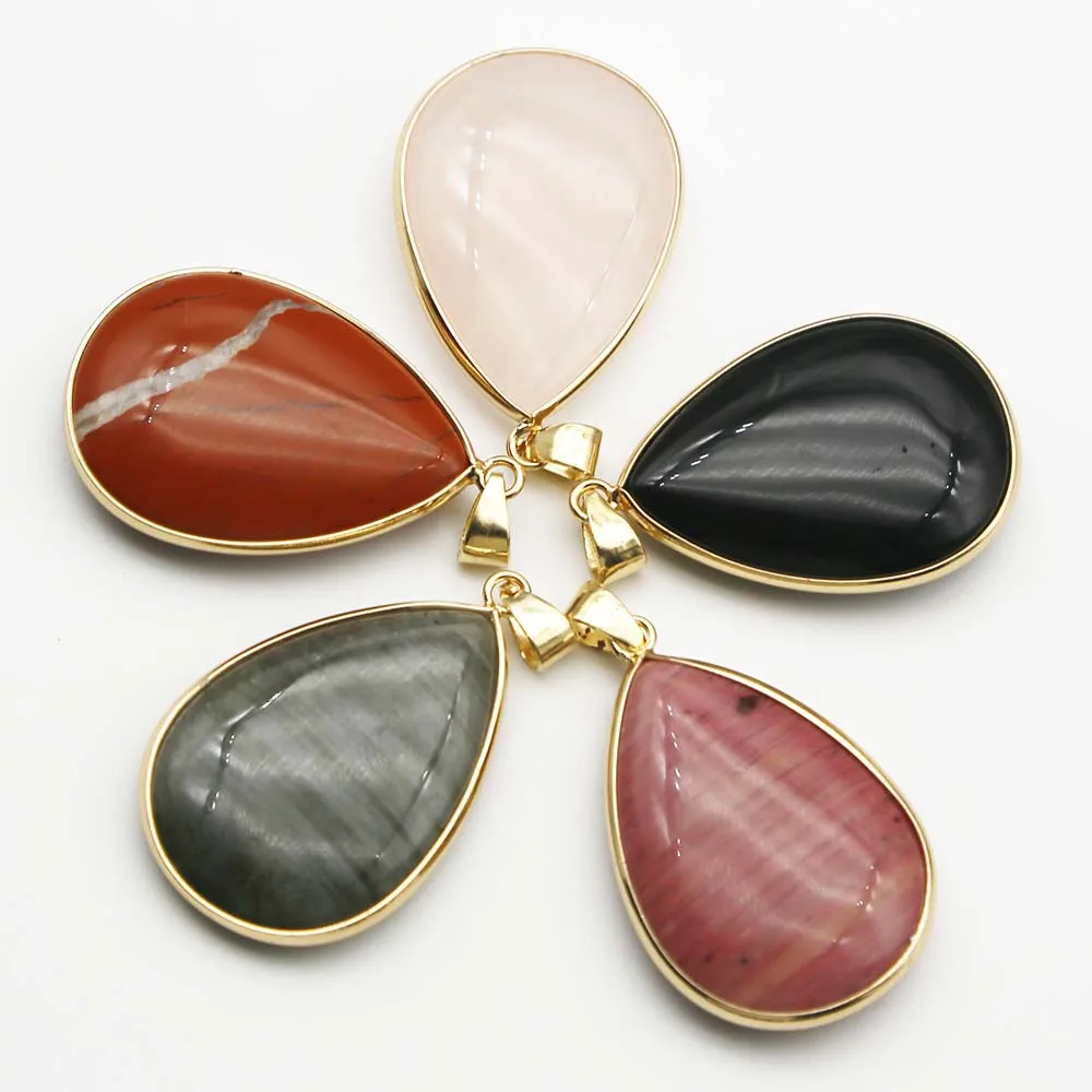 Quality Natural Stone Goldplated Edge Crystal Agate Water Drop Pendant Mineral Healing Charms Jewelry Accessories Wholesale 4Pcs