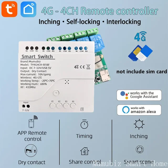 ‌Tuya Smart 4G LTE Relay - 433MHz RF & GSM Switch, APP/Alexa/Google Home Wireless Control