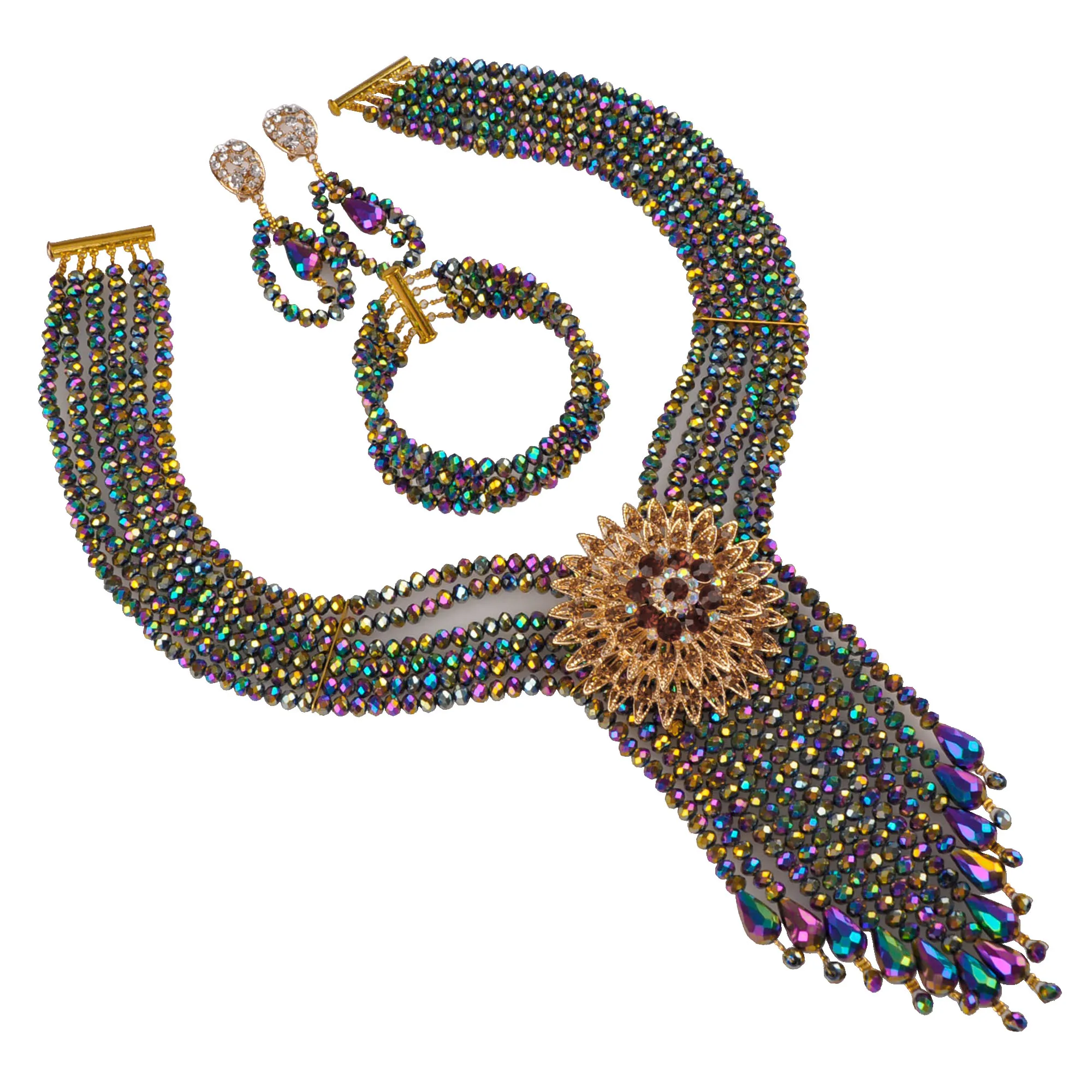 

African Bride Wedding Dress Accessories Multicolor Plated Crystal Beads Necklace Nigeria Wedding Fashion Jewelry Set XK-19