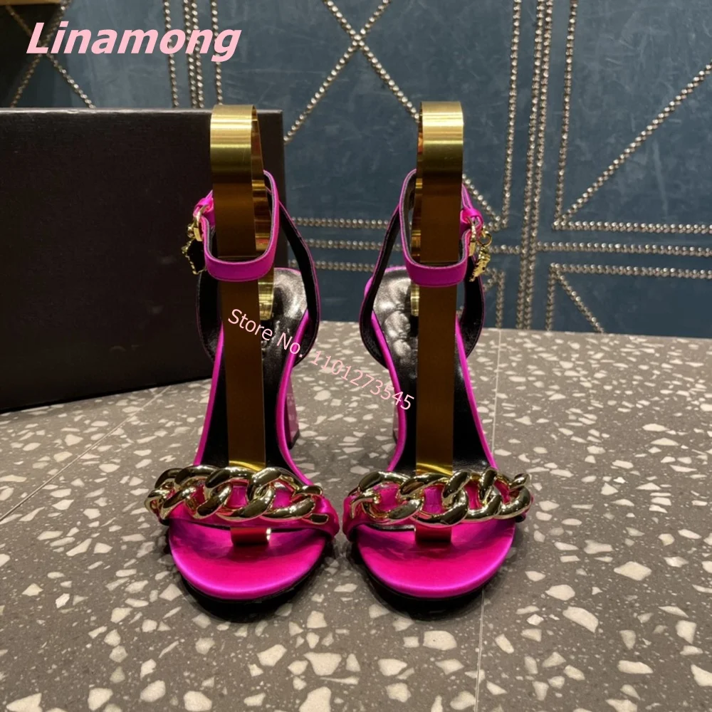 Round Toe Luxury Design Sandals 2024 Summer New Women Solid Thin High Heel Leather Sexy Luxury Metal Chain Wedding Party Shoes