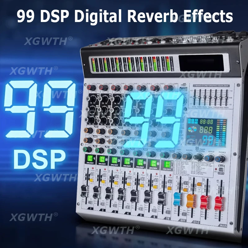 8 채널 믹싱 콘솔 DJ 믹서, DSP 디지털 리버브 효과, 7 밴드 이퀄라이제이션, 블루투스 무대 공연 오디오 스튜디오, 99