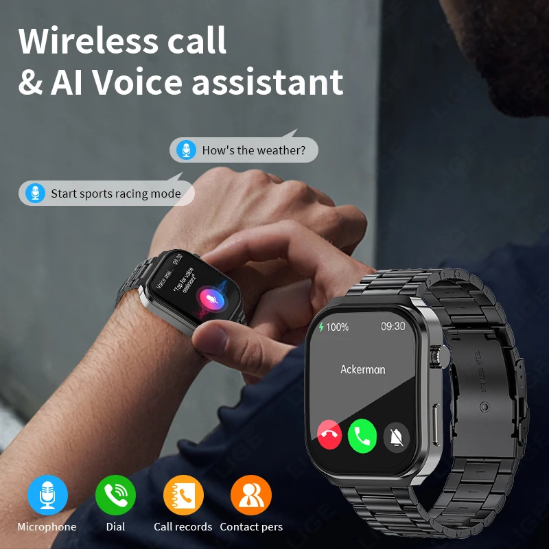 LIGE New AI Healthy Diagnosis Blood Lipids Uric Acid Smart Watch 2.2" Curved Screen Men Voice Bluetooth Call Health Smartwatch