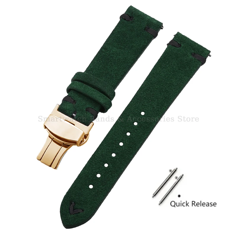 Vintage Handmade Suede Stitch Leather Watch Strap with Quick Release and Folding Clasp