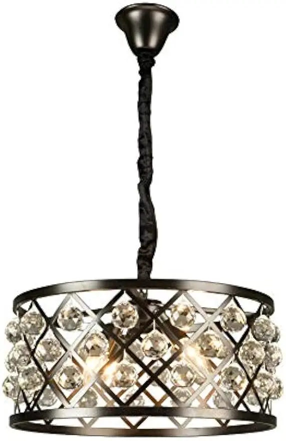 

Round Crystal Chandelier, Modern Ceiling Hanging Lighting Fixture Caged Metal Drum Pendant Lamp with Crystal Spheres