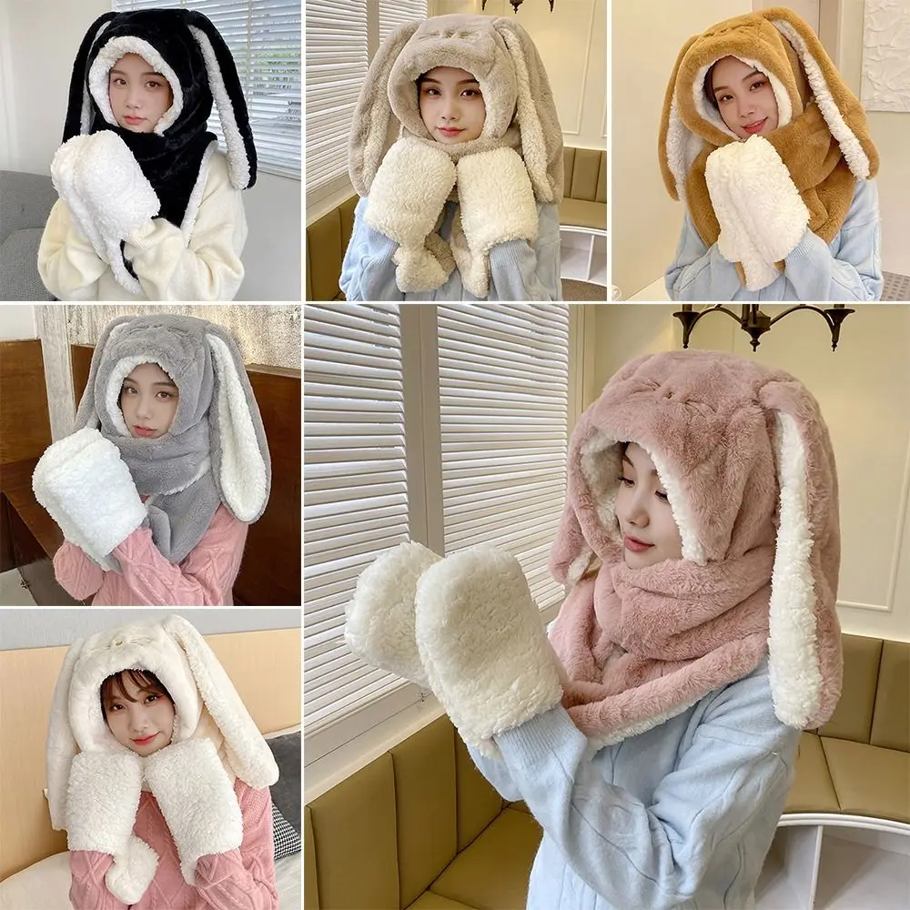 

Winter Warm Scarf Hat Gloves Fashio Ear Protection Thickening Pocket Hooded Scarf Big Ear Bunny Beanie Soft Warm Ear Hats Women