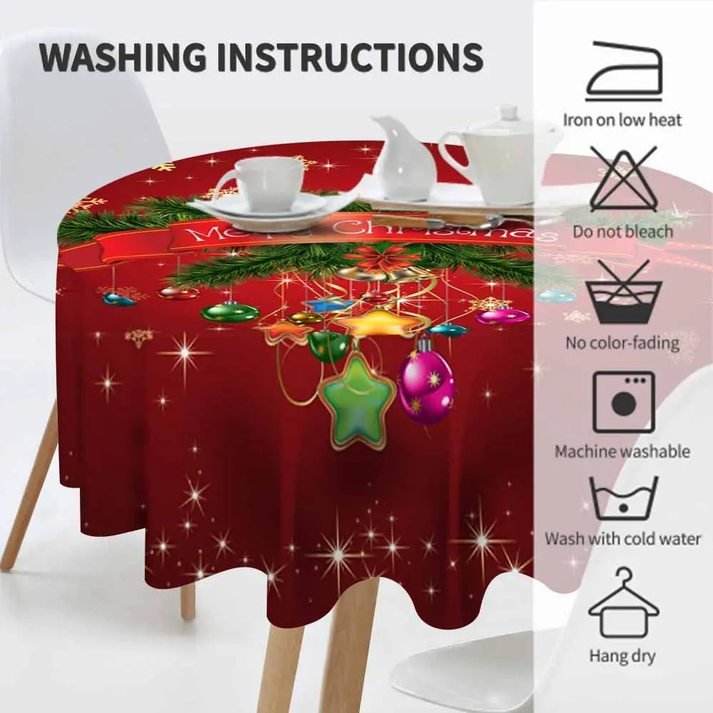 Mantel redondo navideño de 60 pulgadas, cubierta de mesa de poliéster impermeable, copos de nieve, rama de pino verde, acebo, Rojo