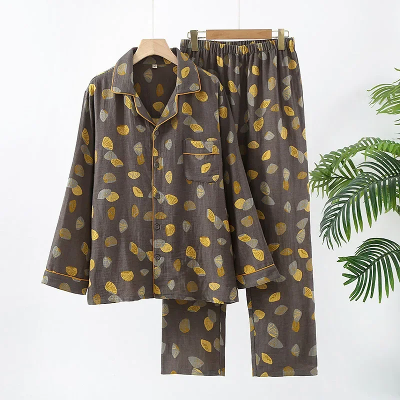 Cotton Double-layer Gauze Men's Long Sleeved Long Pants Spring and Autumn Homewear Leaves Printing 2 Pcs Pijama Hombre