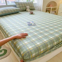 100% Cotton Elastic Bed Sheets Sets Plaid Print Fitted Sheet + 2pc Pillowcases Twin Full Queen King Cal-King Size Bed Cover B99G 2