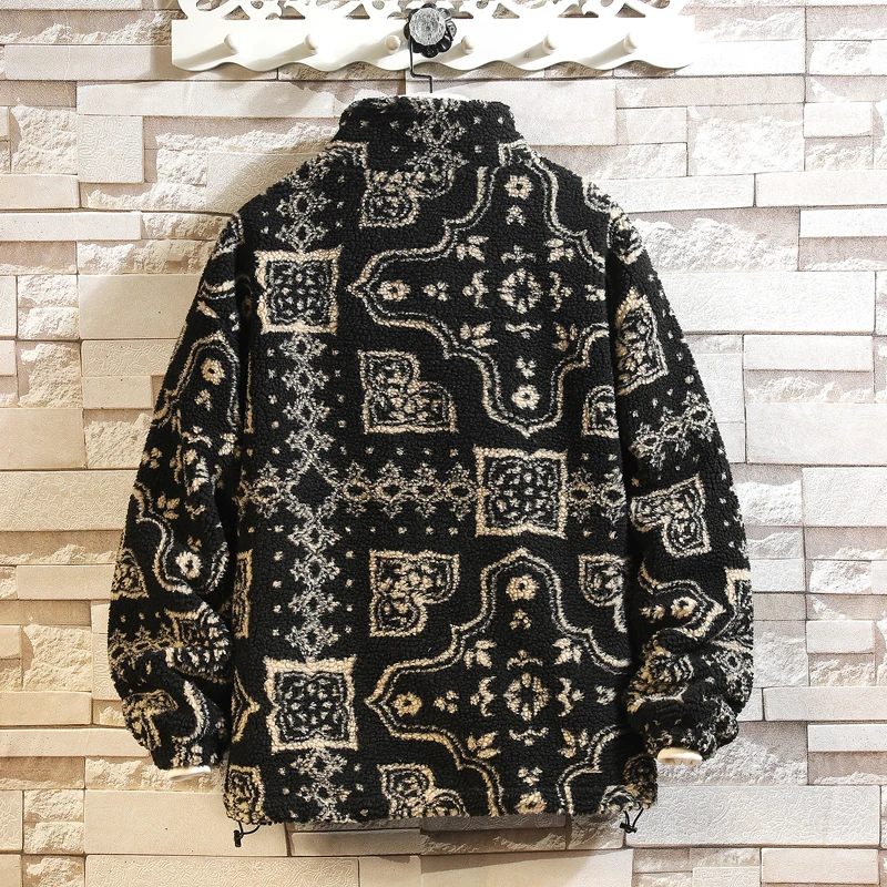 Autumn Winter Lamb Wool Jacket for Men's Thickened Warm Stand Collar Coat Retro Jacquard Loose Casual Jacket Social Men Clothing 3