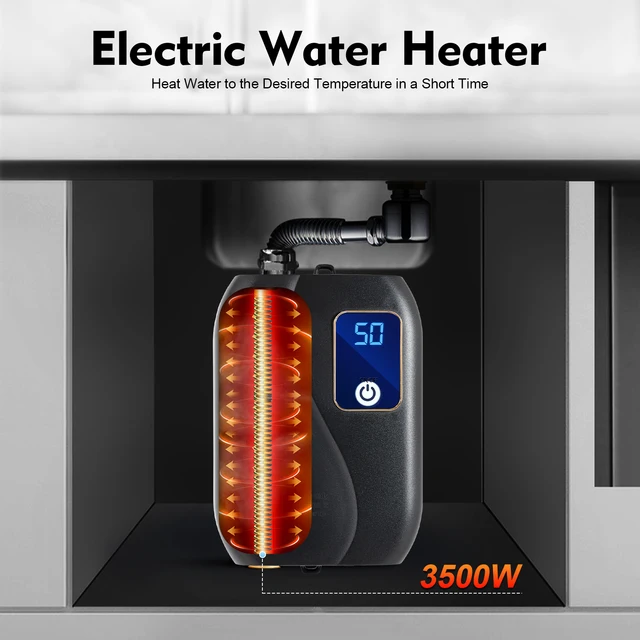 Chauffe-eau instantané 3500W en acier inoxydable, chauffe-eau électrique de cuisine 25-50 ℃   Mini chauffe-eau avec écran LCD pour salle de bain 1