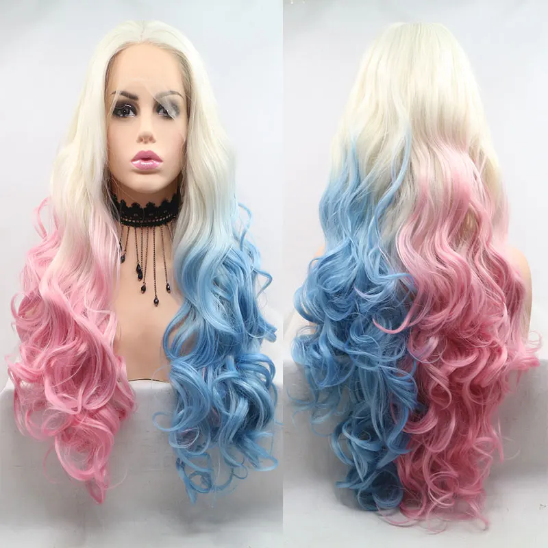 

Bombshell White Ombre Blue Pink Loose Wave Synthetic 13X4 Lace Front Wigs Glueless High Quality Heat Resistant Fiber For Women