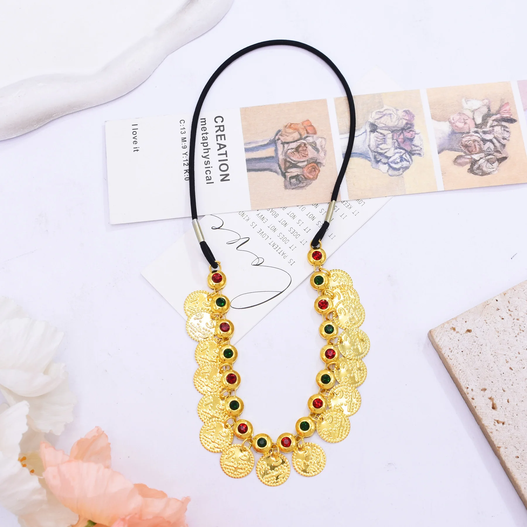 New Trendy Ethnic Style Rhinestone Forehead Chain Vintage Coin Tassel Headband Punk Style Gold Alloy Hair Accessory